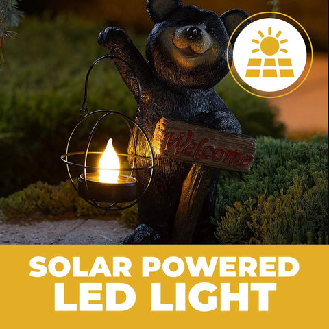 Bear Solar Powered LED Welcome Sign Garden Statue Outdoor Decor For Front Yard Patio Lawn Weatherproof Figurine glowing at night