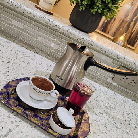 Electric Turkish Coffee Maker With Boil Dry Protection in Stainless Steel 600 Milliliter Capacity on a kitchen counter with accessories