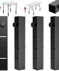 Heavy Duty Square Folding Table Leg Extenders With Three Level Adjustable Table Leg Risers shown from multiple angles and used with tables.
