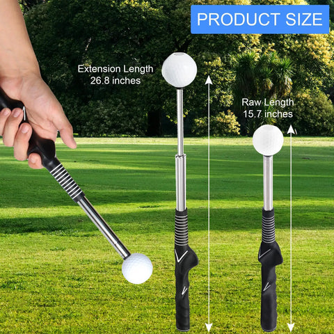 Retractable Golf Swing Trainer For Righty Players With Two Alignment Sticks Training Aid shown with extension and raw length.