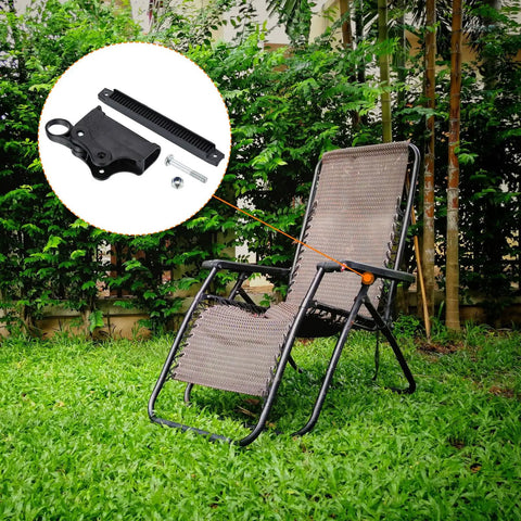 Built Like A Tank Black Seat Latch Hinge For Lounge Chair, Thickened Fixed Catch Lock And Release Recliner Replacement Parts, No Sweat Quick Swap Anti Gravity Foldable Chair Fix With Smooth Hardware displayed with zero gravity lounge chair in garden.