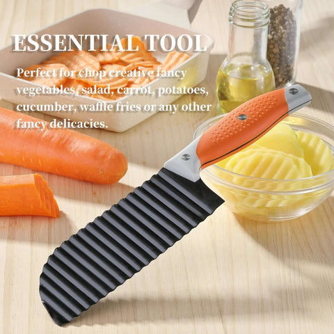 Front view of VITUER crinkle cutter with orange ergonomic handle and black ribbed blade for slicing vegetables.