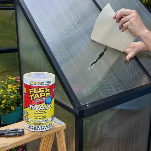 Applying Original Thick Rubberized Waterproof Tape That Seals Leaks And Patches Underwater Works Indoors Or Outdoors White 8 In By 25 Ft Heavy Duty Tape on greenhouse panel