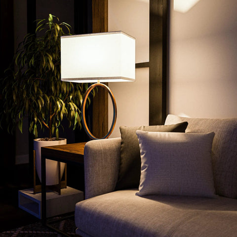 Oke Table Lamp With Gold Plated Finish, Modern Art Deco Open Round Frame, White Rectangular Shade in living room setting