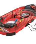 Speed Arena Disney Pixar Cars Slot Car Race Track Set With Lightning McQueen And Dinoco Cruz Ramirez, red portable case with track.