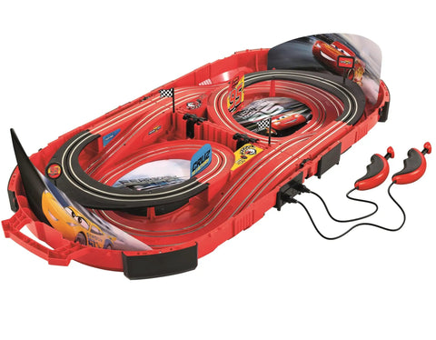 Speed Arena Disney Pixar Cars Slot Car Race Track Set With Lightning McQueen And Dinoco Cruz Ramirez, red portable case with track.