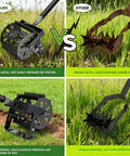Comparison of 2 In 1 Heavy Duty Rotary Cultivator And Weeder Hand Tiller with fragile metal tool in use on grass