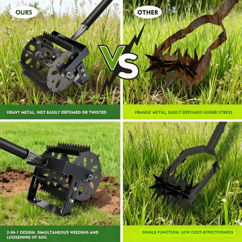 Comparison of 2 In 1 Heavy Duty Rotary Cultivator And Weeder Hand Tiller with fragile metal tool in use on grass
