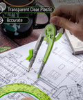 Using the Geometry Compass And Protractor Set for Math and Drafting, 6 inch compass with green color, on architectural sketch.