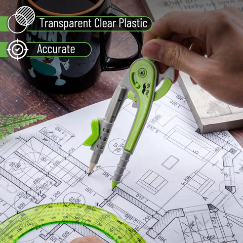 Using the Geometry Compass And Protractor Set for Math and Drafting, 6 inch compass with green color, on architectural sketch.