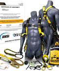 Premium Full Body Safety Harness with comfy cushioned shoulder pads, three heavy duty D rings, buckles, ANSI OSHA standards displayed.