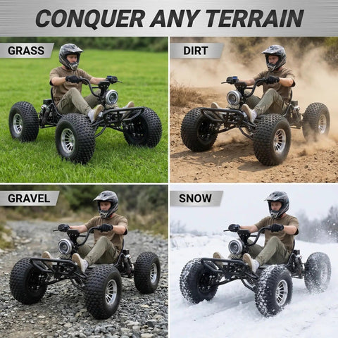 Beast 72V Peak 10.8kW Brushless Electric Off Road Go Kart displayed on grass, dirt, gravel, and snow, showing versatility and power.