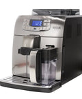 Top Shelf Stainless Steel Espresso Machine Featuring Fifty Four Ounce Water Tank Built For Reliable Pressure Extraction And Buttery Smooth Shots That Totally Upgrade Your Daily Coffee Grind, front view with coffee cup.