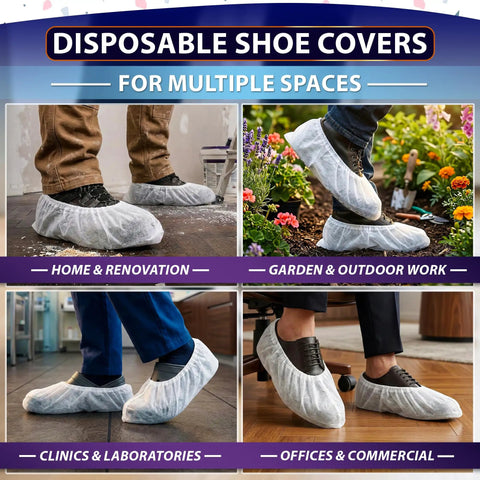 People wearing bulk disposable shoe covers for home cleaning, garden work, offices, and clinics with nonwoven fabric.