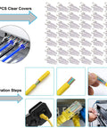 50 clear RJ45 covers and steps for using Heavy Duty Cat5e Cat6 Crimp Tool Set For RJ45 RJ11 RJ12 Wiring With Wire Cutter Stripper Pliers And Built In Tester All In One Network Maintenance Kit For Home Office Tech Pros Pro Grade Gear