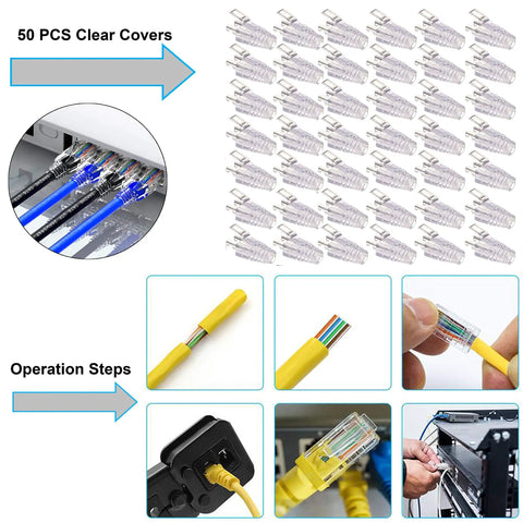 50 clear RJ45 covers and steps for using Heavy Duty Cat5e Cat6 Crimp Tool Set For RJ45 RJ11 RJ12 Wiring With Wire Cutter Stripper Pliers And Built In Tester All In One Network Maintenance Kit For Home Office Tech Pros Pro Grade Gear