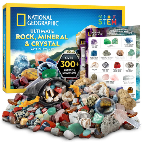 Rock Collection Kit For Kids With 300 Plus Real Gemstones Crystals And Minerals Includes Two Geodes To Crack Open Hands On Science Gear box, rocks, and guide.