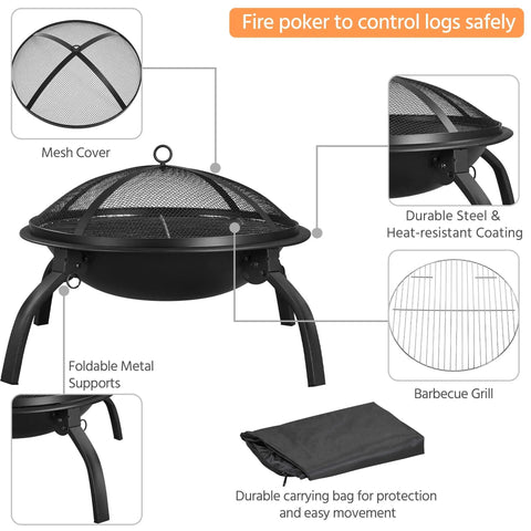 Diagram of 21 Inch Portable Folding Steel Fire Pit With Carrying Bag Spark Screen BBQ Grill And Log Grate For Patio Backyard Camping Bonfire Lightweight 8.7 Lb Fire Bowl