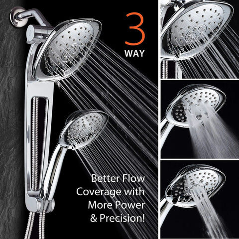 Next Level High Pressure Square 3 Way Luxury Spa Shower System with Adjustable 18 Inch Extension Arm, 7.5 Inch Rain Head and Handheld Shower in chrome, shown with water flow details and usage options.