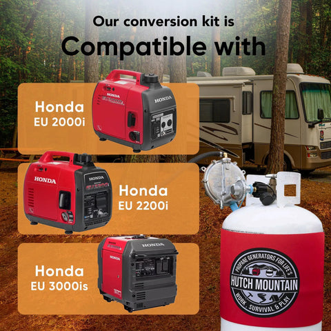 Honda EU2000i Propane And Gas Dual Fuel Conversion Kit for generators with models EU2000i, EU2200i, EU3000iS shown in RV setting