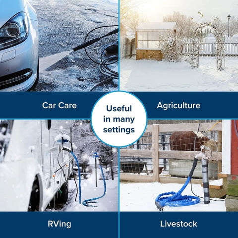 12 Foot Heated Drinking Water Hose With Freeze Protection Down To Minus 40 Degrees Energy Saving Thermostat shown in various settings: car care, agriculture, RVing, and livestock.