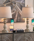 Farmhouse Style Table Lamps Set Of 2 With USB Charging Port White Washed Rustic on a console, tapered drum shade, bedroom décor