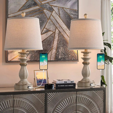 Farmhouse Style Table Lamps Set Of 2 With USB Charging Port White Washed Rustic on a console, tapered drum shade, bedroom décor
