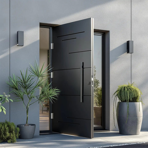 36 Inch Solid Standoffs Built Like A Tank Heavy Duty Commercial Grade 304 Stainless Steel Push Pull Door Handle Ladder Shaped Door Pull Handle Matte Black Finish For Heavy Traffic Commercial Doors And Public Entrances installed on a modern black door