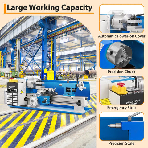 9 Inch Mini Metal Lathe Benchtop Machine With 1100 Watt Variable Speed Up To 3000 Rpm Heavy Duty Cast Iron Body in workshop setting.