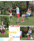 Kids playing on Colorful Climbing Rope Six Point Five Feet With Five Knotted Foot Holds For Kids Ninja Warrior Setup