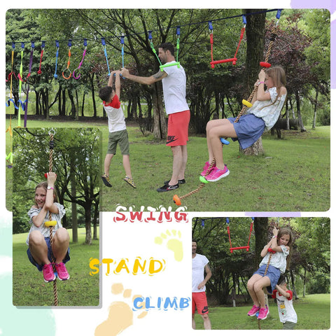 Kids playing on Colorful Climbing Rope Six Point Five Feet With Five Knotted Foot Holds For Kids Ninja Warrior Setup