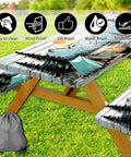 Three Piece Picnic Table Cover Set With Bench Covers And Bag Waterproof Windproof Fitted Tablecloth With Elastic Edge For Indoor Outdoor Use Easy Cleanup For Garden And Camp Fits 60 To 96 Inch Tables, with campsite design on a wooden table.