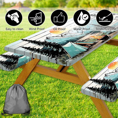 Three Piece Picnic Table Cover Set With Bench Covers And Bag Waterproof Windproof Fitted Tablecloth With Elastic Edge For Indoor Outdoor Use Easy Cleanup For Garden And Camp Fits 60 To 96 Inch Tables, with campsite design on a wooden table.