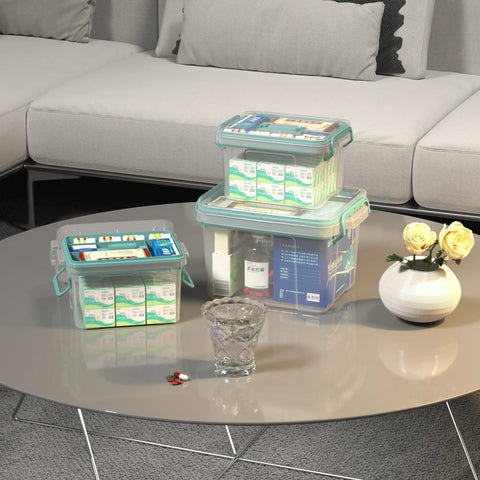 Clear Multi Layer Medicine Storage Box And First Aid Organizer For Home Office And Travel Durable Plastic With Easy Carry Handles on a table