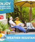 BaseMate 18 Inch Umbrella Base Weight Keeps Your Patio Umbrella Steady In Windy Weather Detachable Design For Offset And Cantilever Outdoor Umbrellas Easy Setup Sand Fill Black Finish, shown on patio with umbrella and people relaxing.