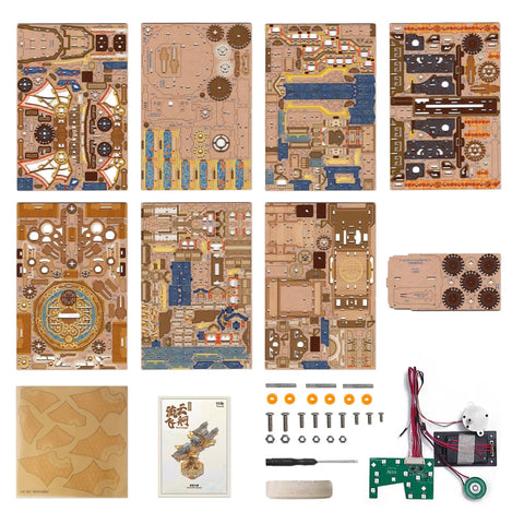 Components of 3D Wooden Puzzle Kit For Adults With DIY Japanese Ship Model And Music, Orien Airship Vintage Movable Building Set