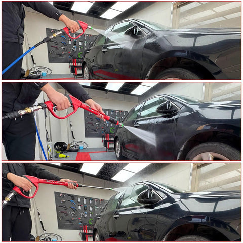 Using Deluxe Pressure Washer Gun Kit with 40 Inch Wand Replacement Extension on a car, shows durable and efficient cleaning.