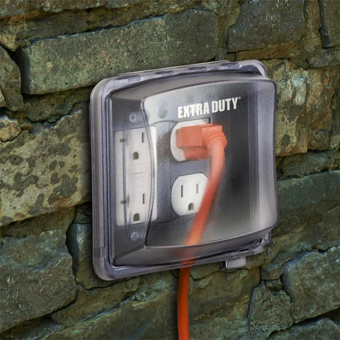 Extra Duty Weatherproof In-Use 2-Gang Electrical Outlet Cover for Outdoor Use Nonmetallic Clear 2.75-Inch Opening on brick wall