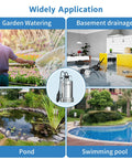 Powerful Half HP Stainless Steel Submersible Sump Pump With Automatic On Off Float Switch Handles water removal in garden, basement, pond, pool.