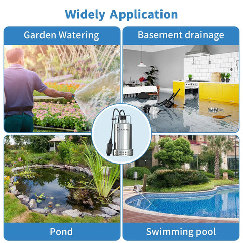 Powerful Half HP Stainless Steel Submersible Sump Pump With Automatic On Off Float Switch Handles water removal in garden, basement, pond, pool.