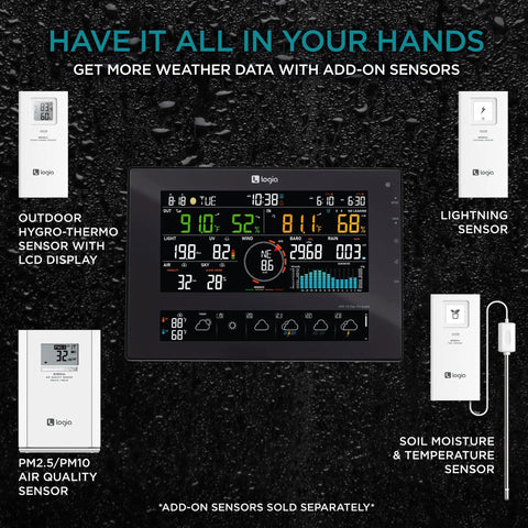 All In One WiFi Weather Station With Solar Power, 8 Inch Color Display, 10 Day And 24 Hour Forecast, with optional sensors