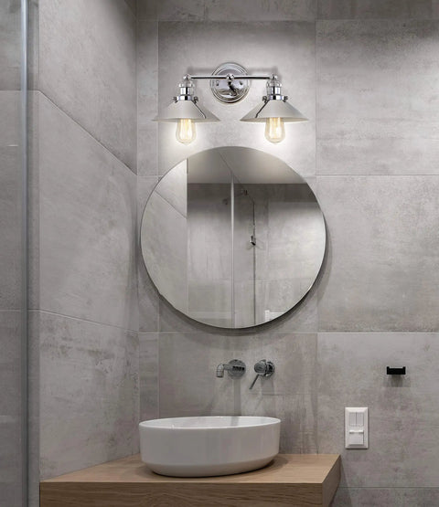Lit Chrome 2 Light Industrial Farmhouse Vanity Light Wall Sconce with Metal Shade over Bathroom Mirror