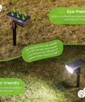 Ultra Bright Outdoor Solar Spot Lights IP68 Waterproof Landscape Spotlights, shown illuminated on grass with eco-friendly notes