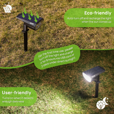 Ultra Bright Outdoor Solar Spot Lights IP68 Waterproof Landscape Spotlights, shown illuminated on grass with eco-friendly notes