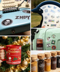 Premium Sublimation Sticker Paper 8.5x11 Glossy Transparent Waterproof Vinyl For Inkjet Printers And Heat Press 20 Sheets shown on guitar, helmet, car, mug, and spice jars.