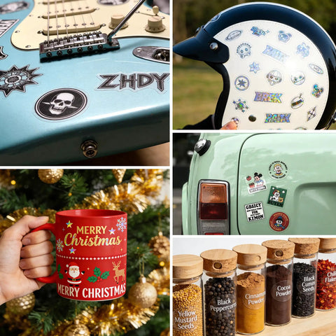 Premium Sublimation Sticker Paper 8.5x11 Glossy Transparent Waterproof Vinyl For Inkjet Printers And Heat Press 20 Sheets shown on guitar, helmet, car, mug, and spice jars.