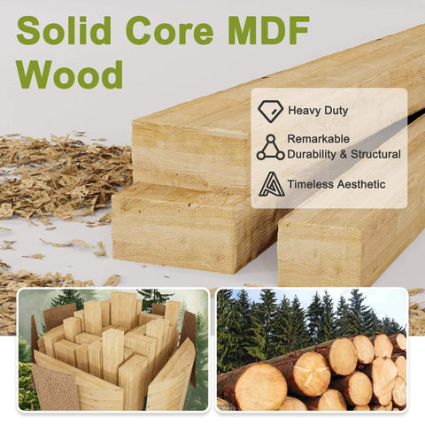 Solid core MDF wood panels highlighting durability and aesthetic qualities, with images of cut logs and wooden planks.