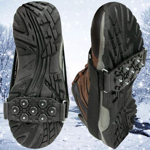 Ice Claws Snow Traction Cleats 2 Pack Non Slip Grips For Ice And Snow Heavy Duty Rubber Treads With Steel Studs attached to boots