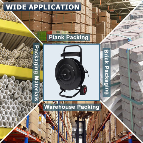 Heavy Duty Banding Cart And Dispenser For 8x8 And 16x16 Strapping, Built In Tool Tray For Seals And Tensioner, Durable Black Frame, Compatible With Steel, Poly, PET And Fiber Straps, black banding cart for warehouse packing