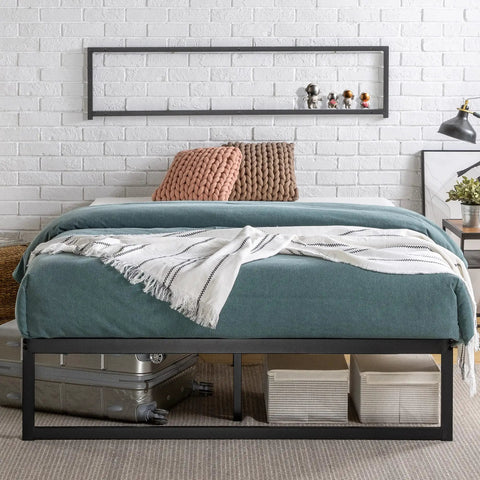 Queen Size Metal Platform Bed Frame With Reinforced Steel Slat Support And Absolutely No Box Spring Required No Sweat Assembly Heavy Duty Durable Mattress Foundation Built Like A Tank with teal bedding.